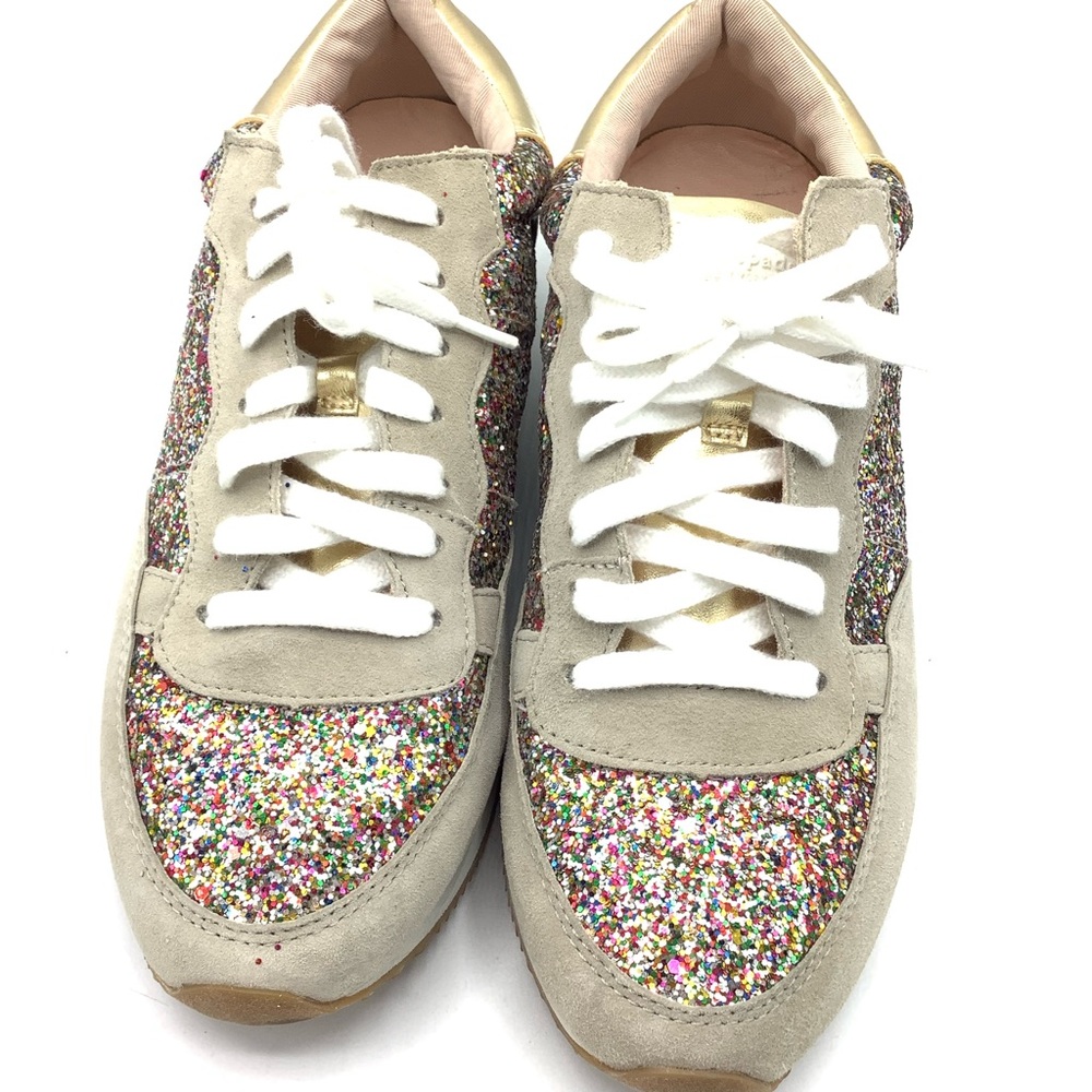 kate spade Beige Suede Sneakers with Multicolor Glitter & Gold Accent - Picture 2 of 8